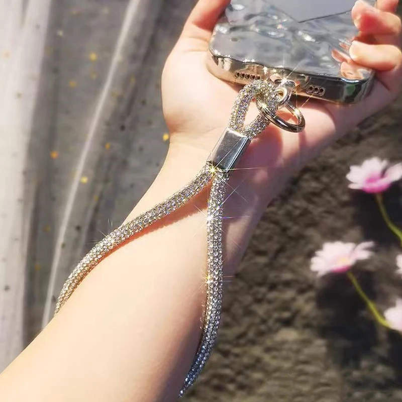 Brelok do telefonu z brokatem, błyszczącymi cyrkoniami, smycz do telefonu, diamentowy kryształowy pasek na nadgarstek, zawieszka do kluczy, sznurek zapobiegający zgubieniu