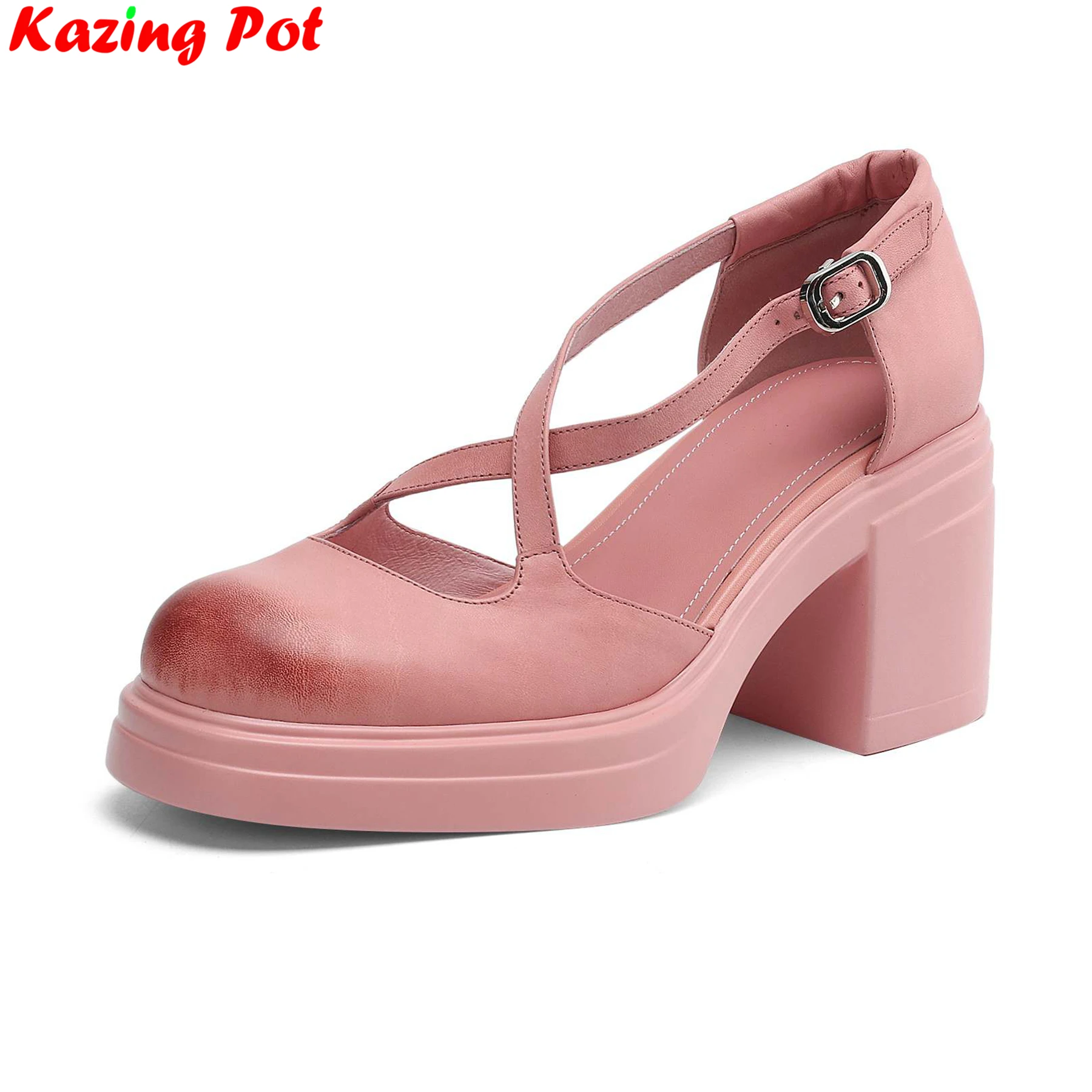 

Krazing Pot Cow Leather High Heels Summer Shoes Shallow Buckle Strap Casual Platform Comfort Shallow Dating Sweet Women Pumps