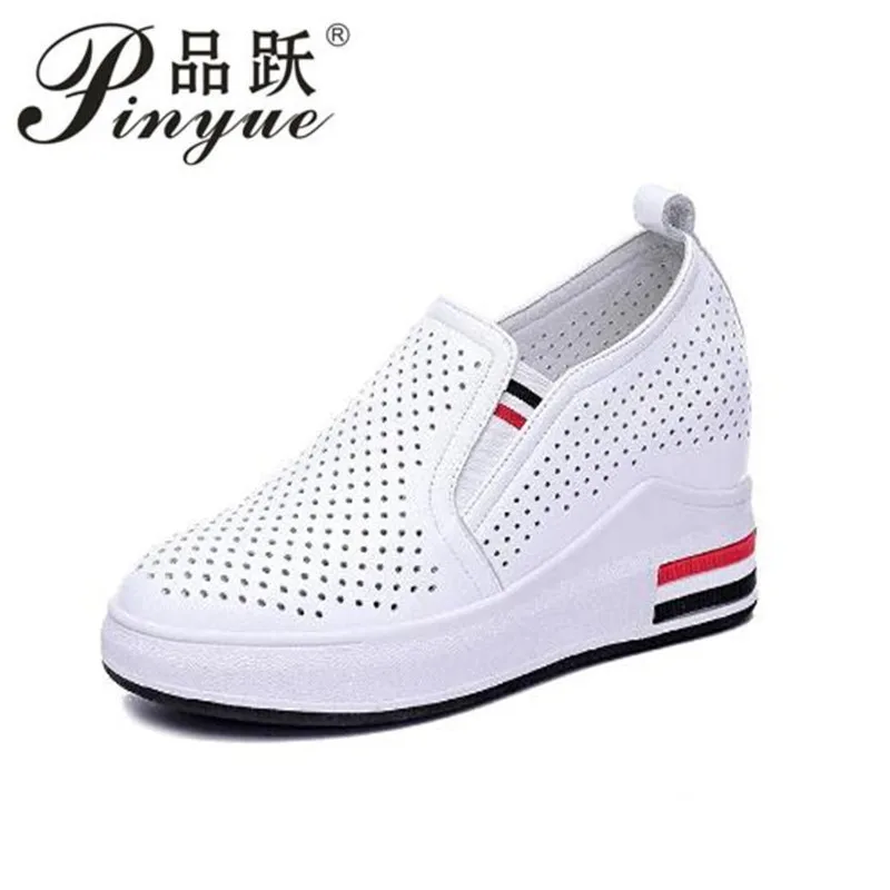 

7cm Summer Hollow wedge Sneakers Women Genuine Leather Casual Loafers White Flats Slip on Vulcanized Sport ventilate Shoes 34 40