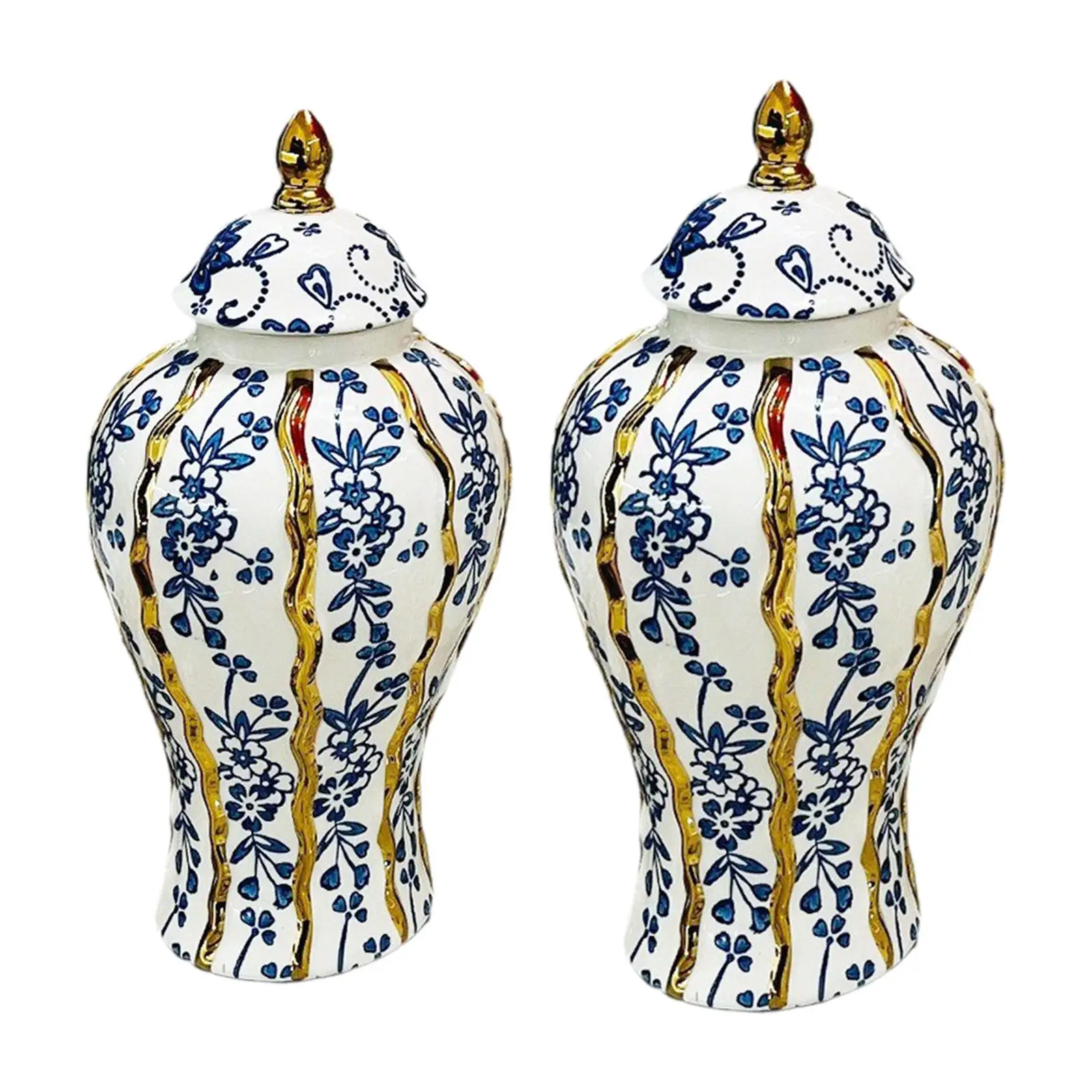 Decorative Ceramic Ginger Jar with Lid White Blue Temple Vase for Flowers Dried Branches Pantry Storage