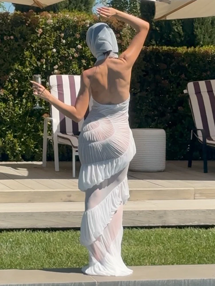 Gala Dreamy Glamour Sheer White Ruffle Halter Backless Dress para Gardem Party Sexy Dress