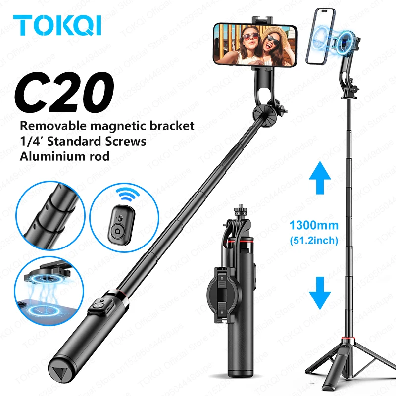 1300mm Magnetic Selfie Stick Tripod for iPhone Magsafe, Hidden Clamp & 1/4