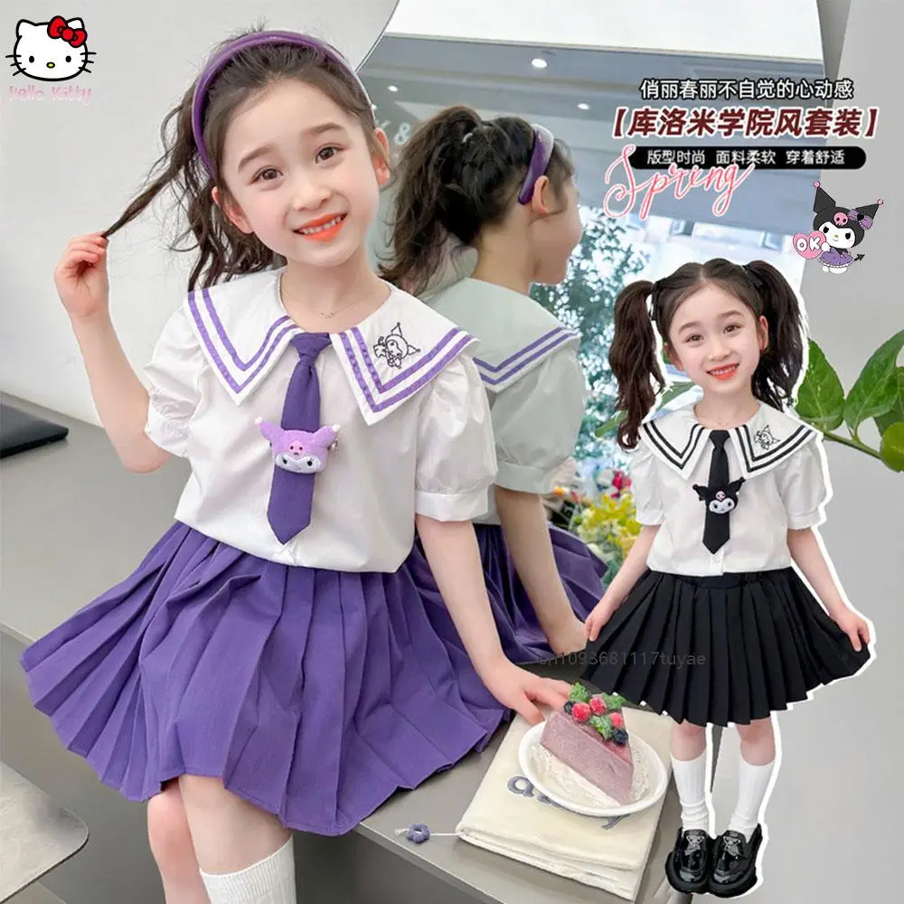 

Kawaii Kuromi рубашка для девочек Jk плиссированная юбка комплект аниме Sanrios летнее детское милое платье принцессы с галстуком-бабочкой модный комплект в темно-синий стиль