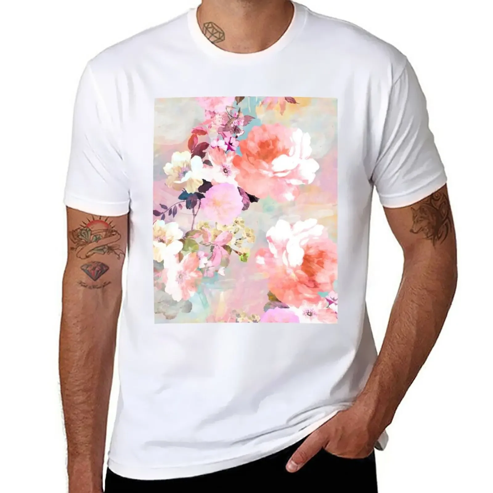 Romantic Pink Teal Watercolor Chic Floral Pattern T-Shirt korean fashion men t shirt