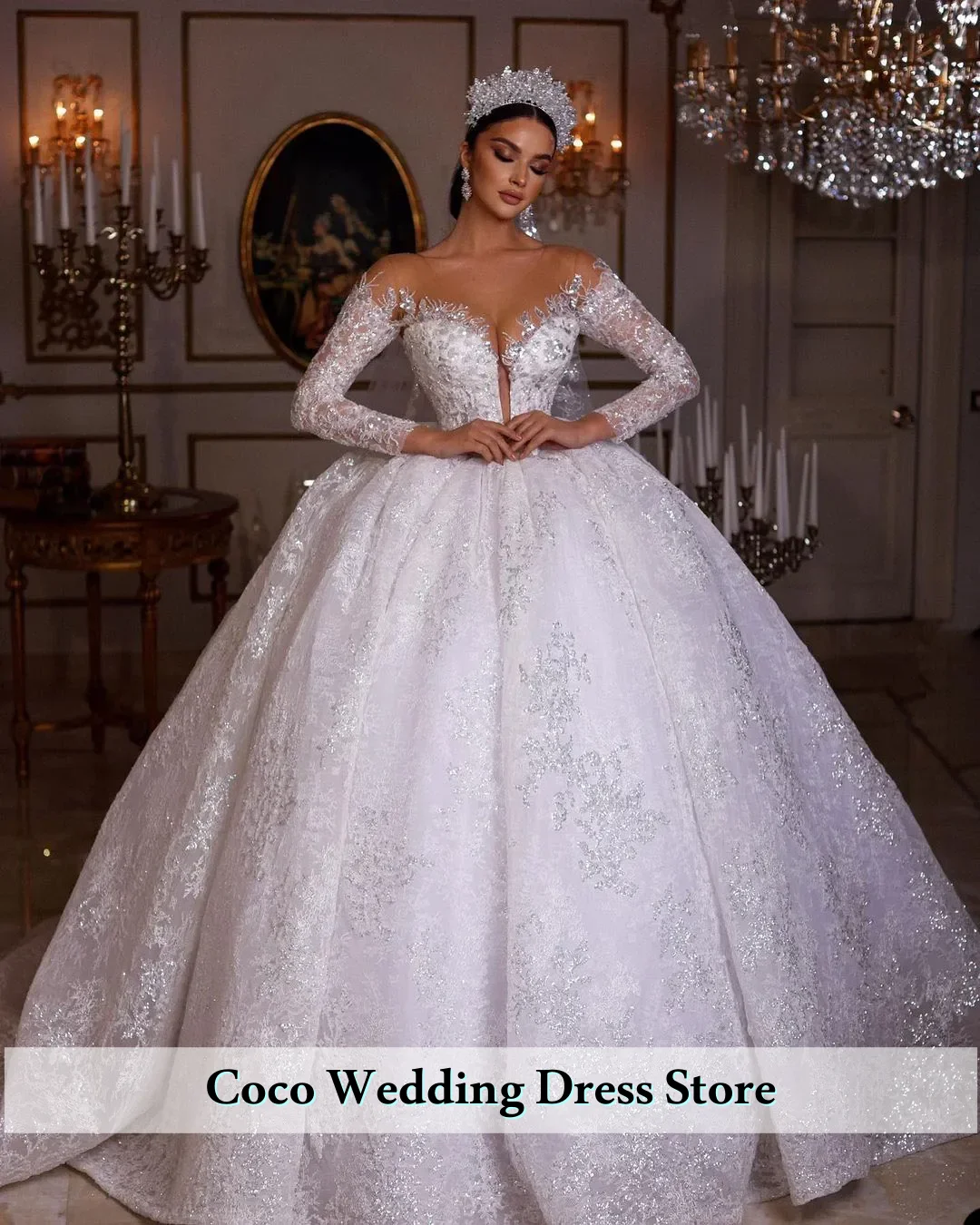 فساتين زفاف فاخرة مخصصة من الدانتيل اللامع ورقبة على شكل V بدون أكتاف وأكمام طويلة وخرز لؤلؤ ترتر فيستدوس دي نوفيا