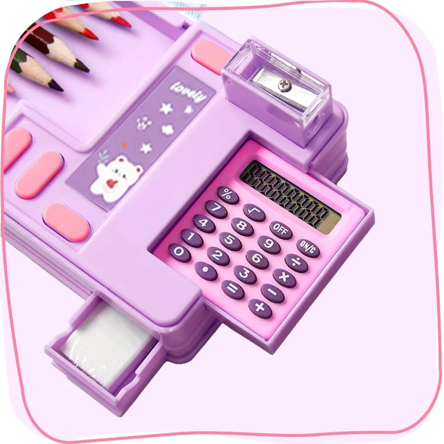 Multifunction Pencil Case with Calculator Pencil Sharpener and Curriculum Storage Cute Patterns Designed for Elementary School