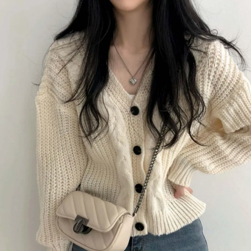 Button Front Cable Knit Cardigan Women's Vintage Long Sleeve Sweater Jacket Ladies Korean Fashion Autumn Winter Knitwear