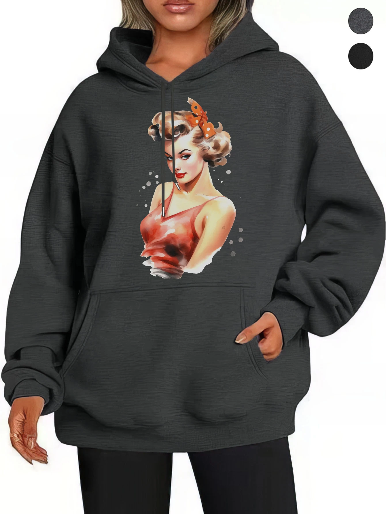 Retro Pin Up Girl Retro Pop Schwarz Grau Hoodies Bequeme Damen Baumwolle für Herbst/Winter Halloween Komfort