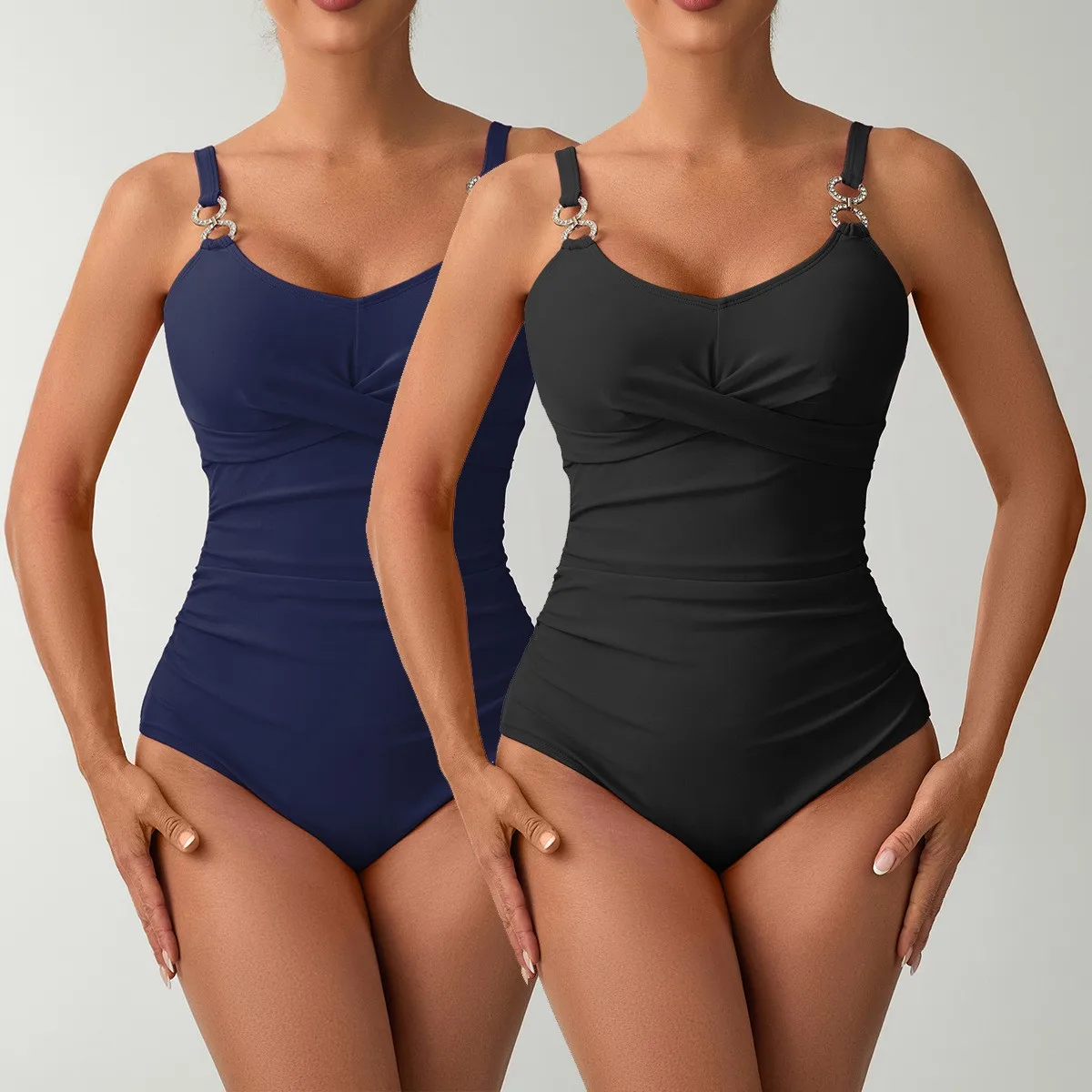 Swimwear 2026 Woman Tankini Swimsuit Ruched Front Navy Blue Swimsuit Adjustable Straps Black Bathing Suit V