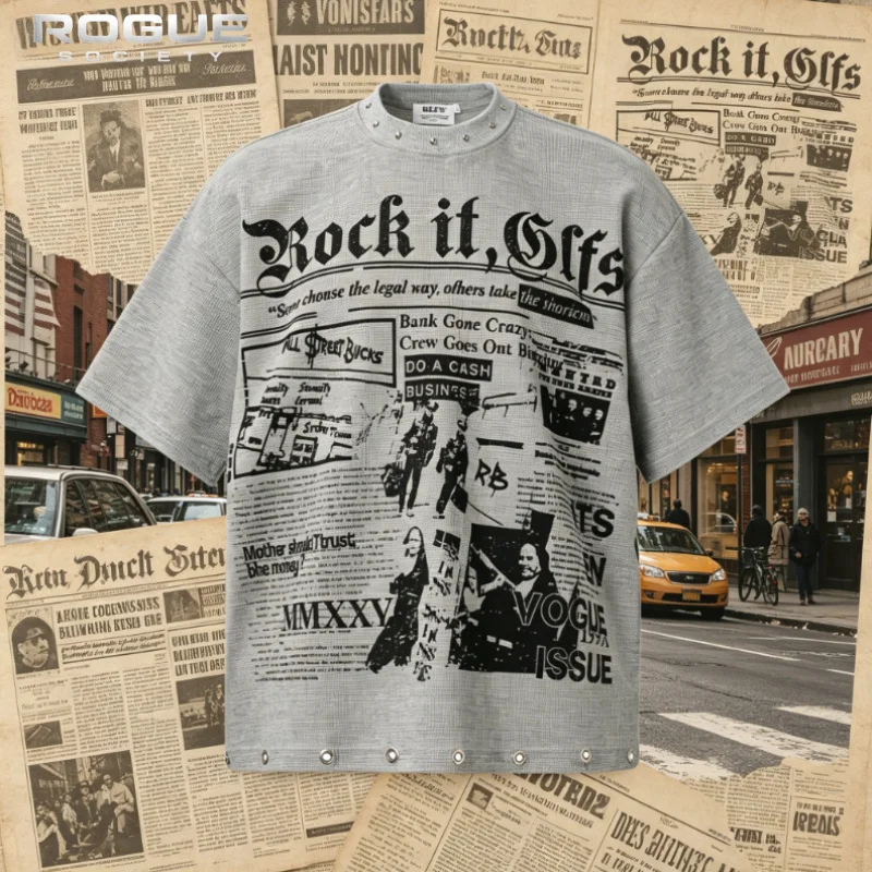 Retro Summer New American Streetwear Newspaper Print Rivet Tees Women Men Loose Casual Punk Y2K Waffle Tshirt Hip Hop Harajuku