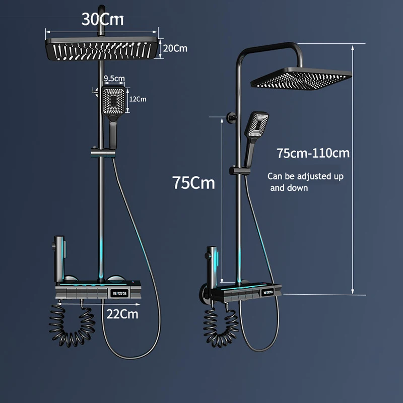 Digital Display Bathroom Shower Full Set Gray Brass Bathtub Shower System Rain Pressurized Shower Sets Hot Cold Shower Faucet