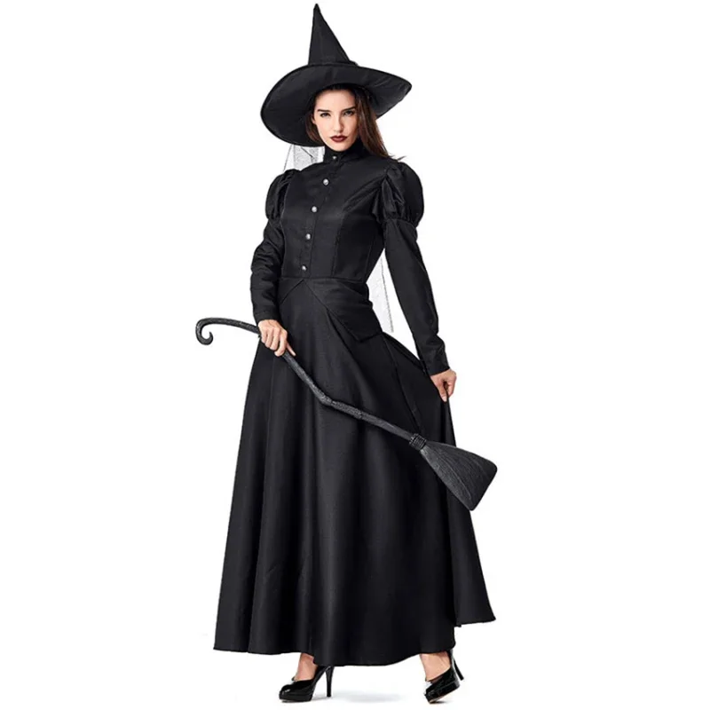 Costume d'Halloween de la Sorcière Noire Book ine Longueur pour Femme, Déguisement de Luxe de la Sorcière pour Enfant et Adulte