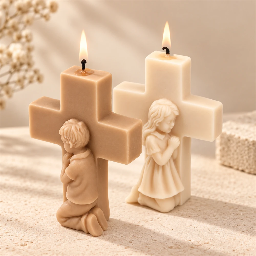 3D Praying Boy Girl Cross Candle Mold Christian Religious Silicone Mold for DIY Candle Making Home Decor Handmade Prayer Gift