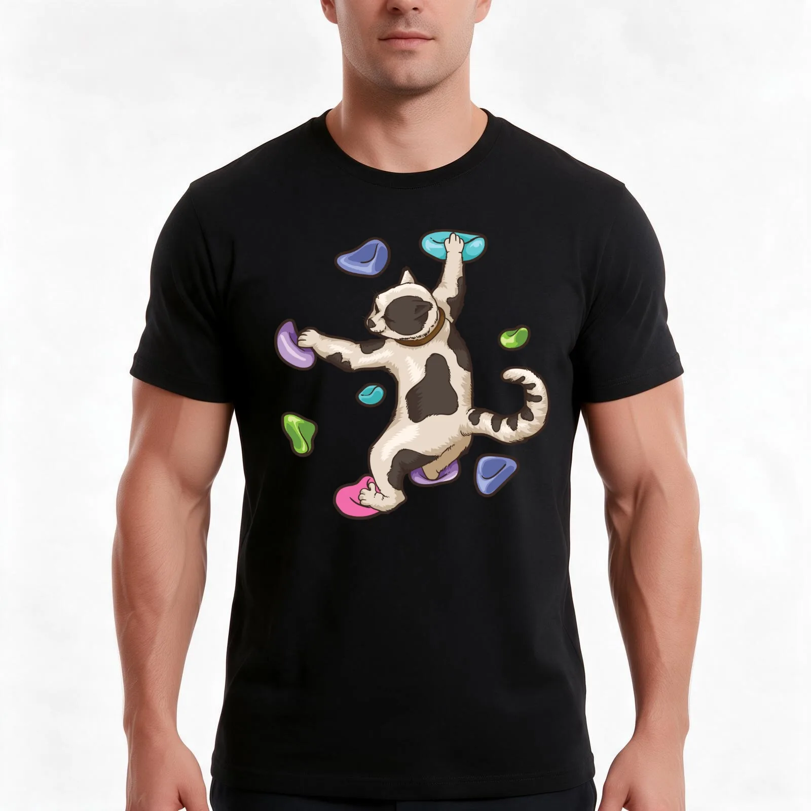 cute Bouldering Cat climbing shirt T-Shirt, Summer Casual Cotton Tee, Oversized Streetwear Tops, Vintage Graphic Print