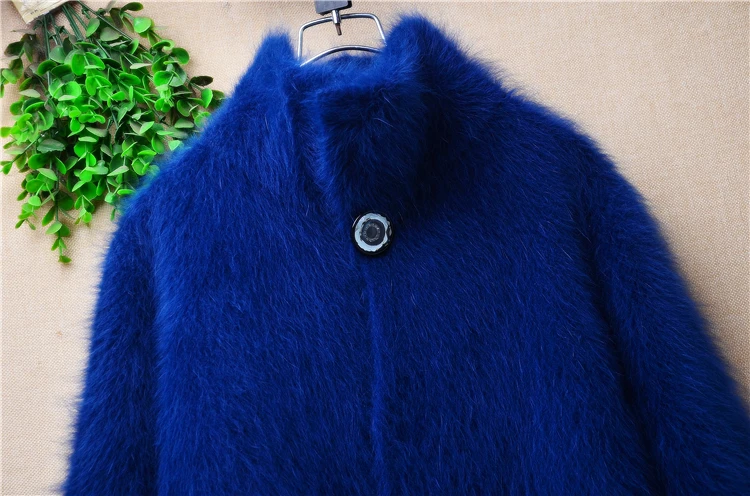 Women Mujer Autumn Winter Thick Warm Blue Hairy Mink Cashmere Knitted Turtleneck Half Sleeves Slim Cardigans Sweater Jacket Coat