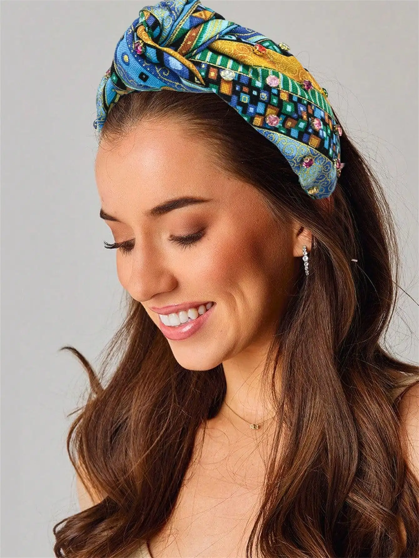 1 women\'s wide edge printed rhinestone headband Ethnic style fabric knotted Baroque headband hair accessories