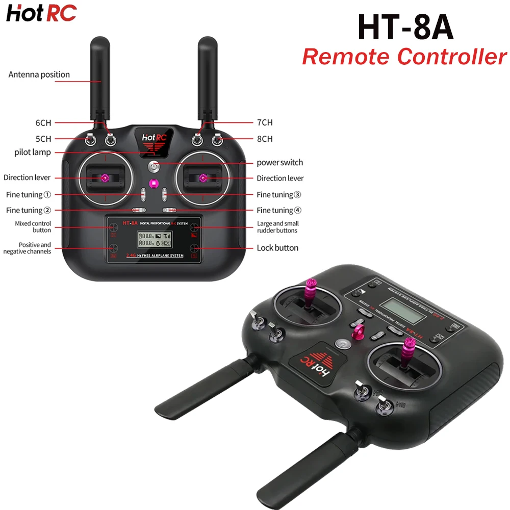 HotRC HT-8A 2.4GHz 8CH RC Transmitter PWM FHSS with F-08A Receiver Radio System Remote Controller for RC Drone