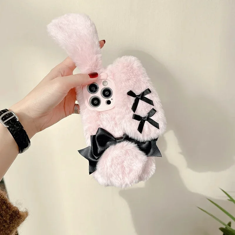 For IPhone 16 Pro Max 15 14 13 12 11 Bow Tie Maid Bunny Plush Phone Case Fall Winter Cute Phone Protective Jacket view 4