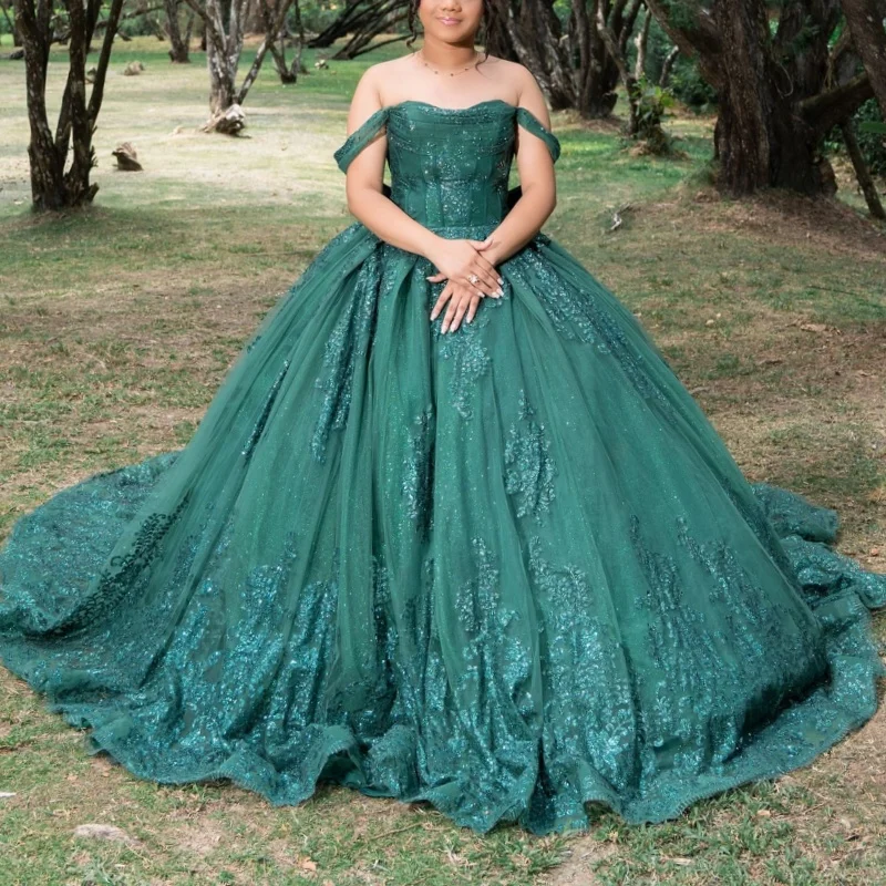 

Черновато-зеленое платье Quinceanera с открытыми плечами и аппликацией из кружева и бусин с бантом, тюлевое бальное платье Vestidos De 15 Anos Sweet 16 Dress