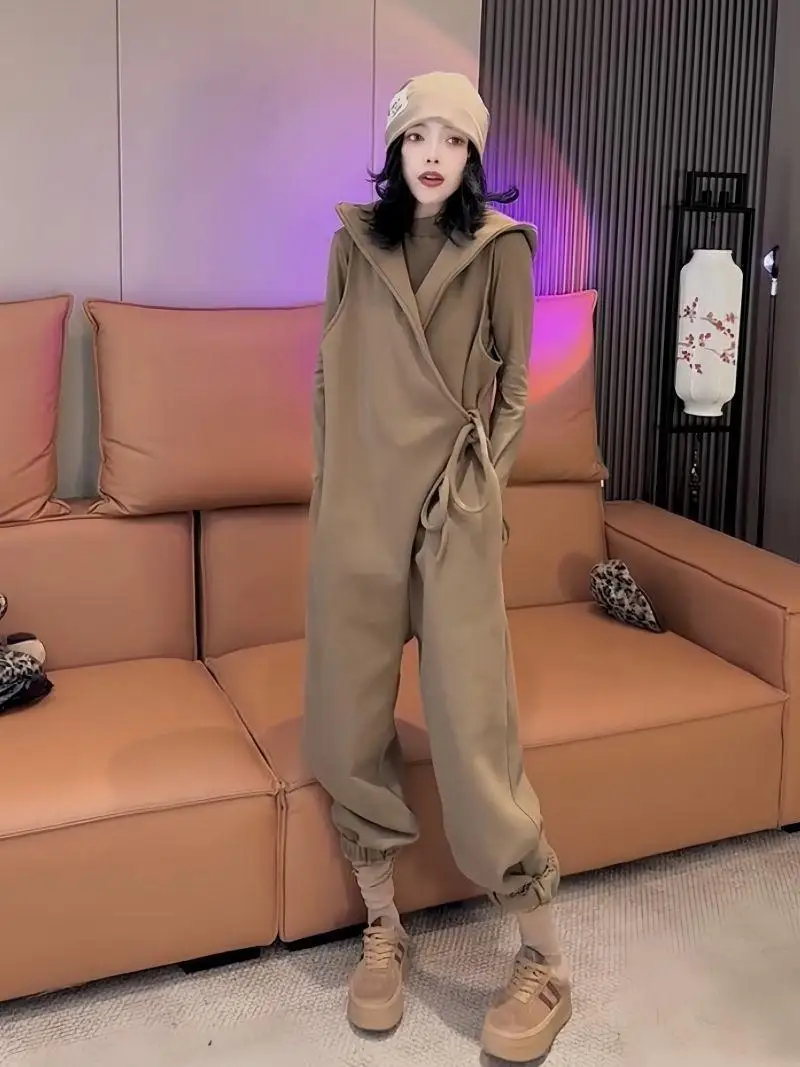 Faionable Belted Slim Fit Fce Lined Svel Jumpsuit Women's Autumn Winter High Waist Trousers Ensemble Design Sensation