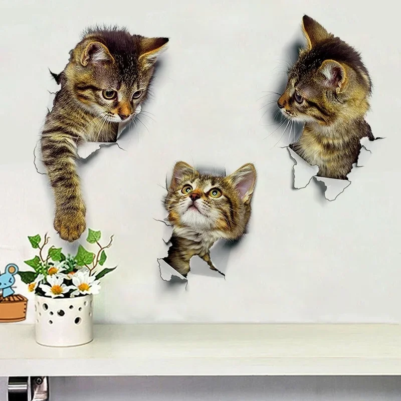 Cats 3D Wall Sticker Toilet Stickers Hole View Vivid Dogs Bathroom for Home Decoration Animals Vinyl Decals Art Wallpaper Poster