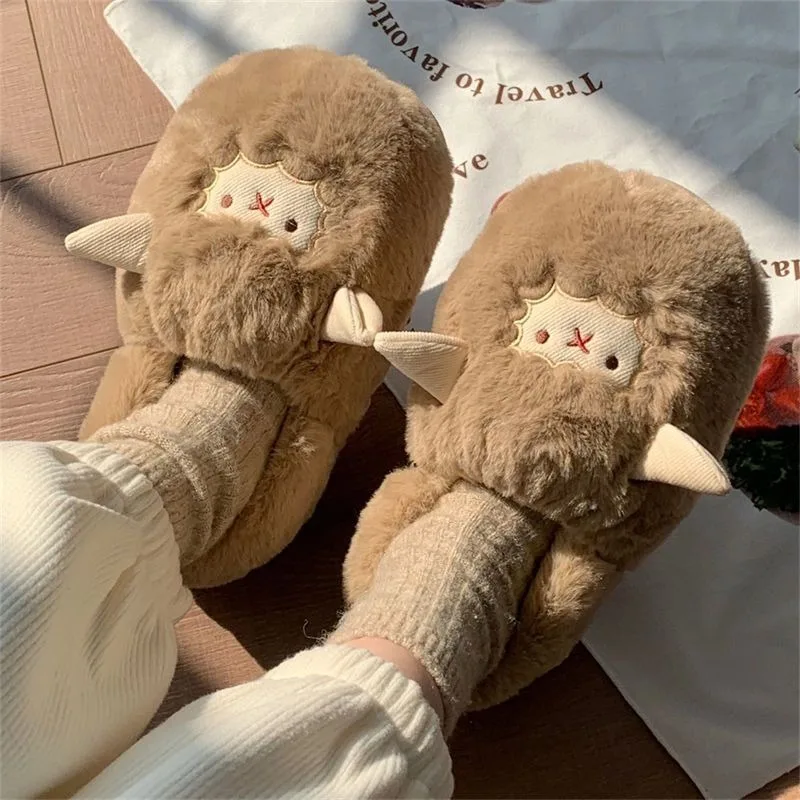 Lamb Cotton Slippers Cute Sheep Women Winter Warm Shoes Plush Lining Indoor Slides Platform High Top Snow Boots Home Slippers