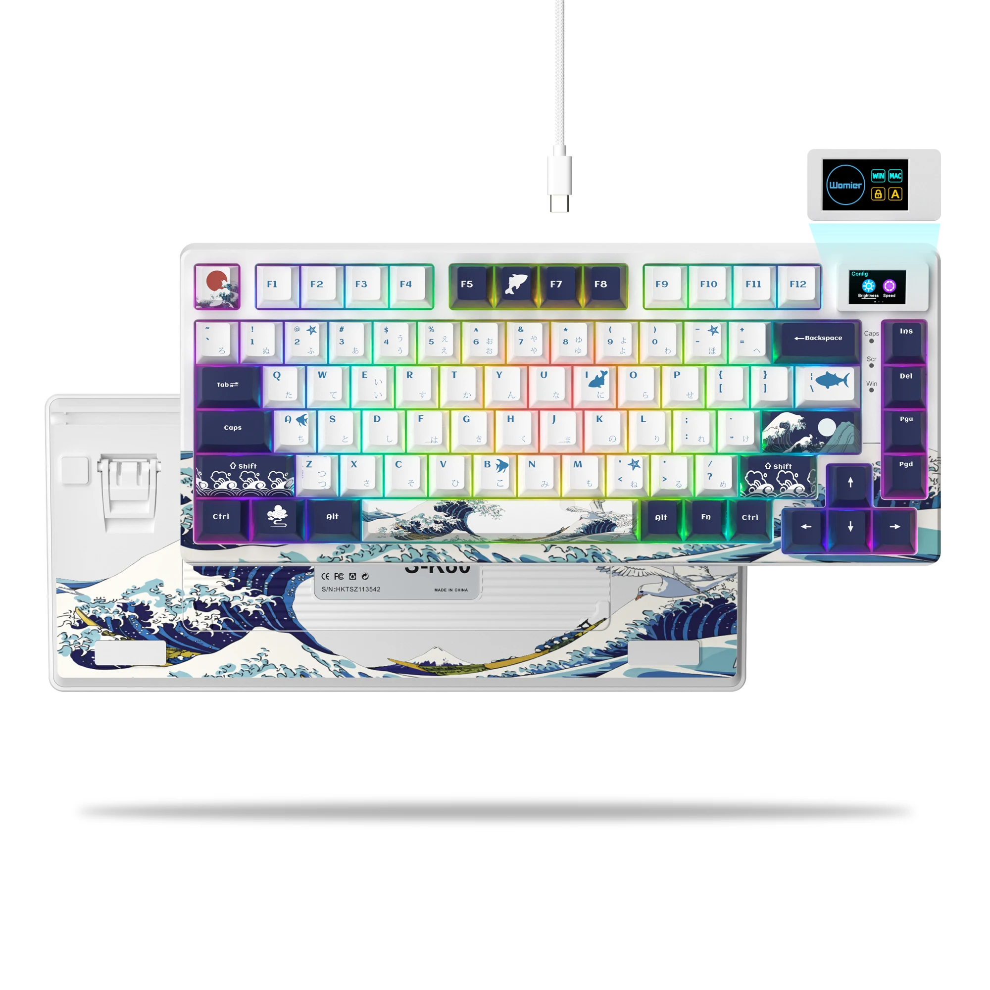 womier White Great Sea Wave Hot Swap RGB Wired Gaming Keyboard 81 Keys Gasket Mounted Mechanical Keyboard with Display for PC