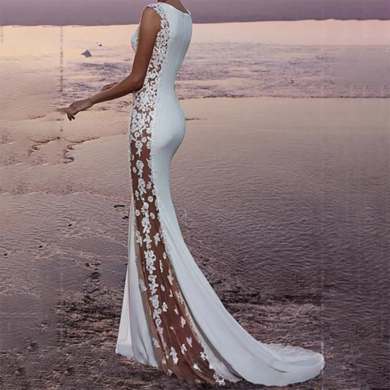 Elegant White Lace Sleeveless Prom Dress - close-up view