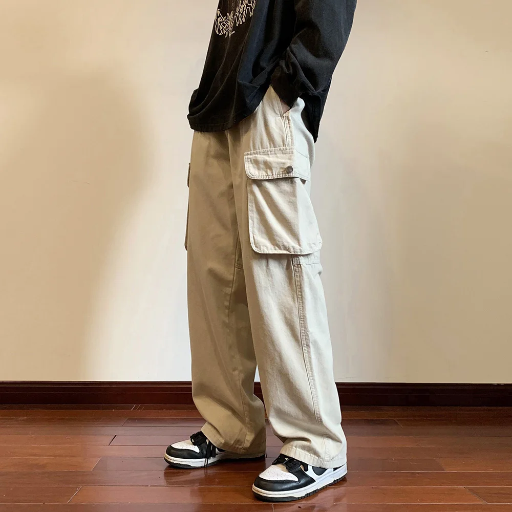 

Big Pockets Spring Casual Cargo Pants Men's Hip-hop Streetwear Cotton Loose Straight Wide Leg Mopping Trousers