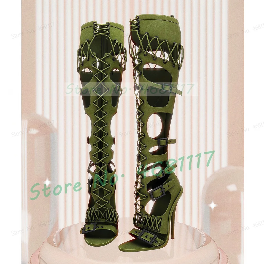 Army Green Gladiator Cross Tied Sandals Female Sexy Multi Buckle Strap Romen Thin High Heels Woman Party Back-zip Strappy Shoes