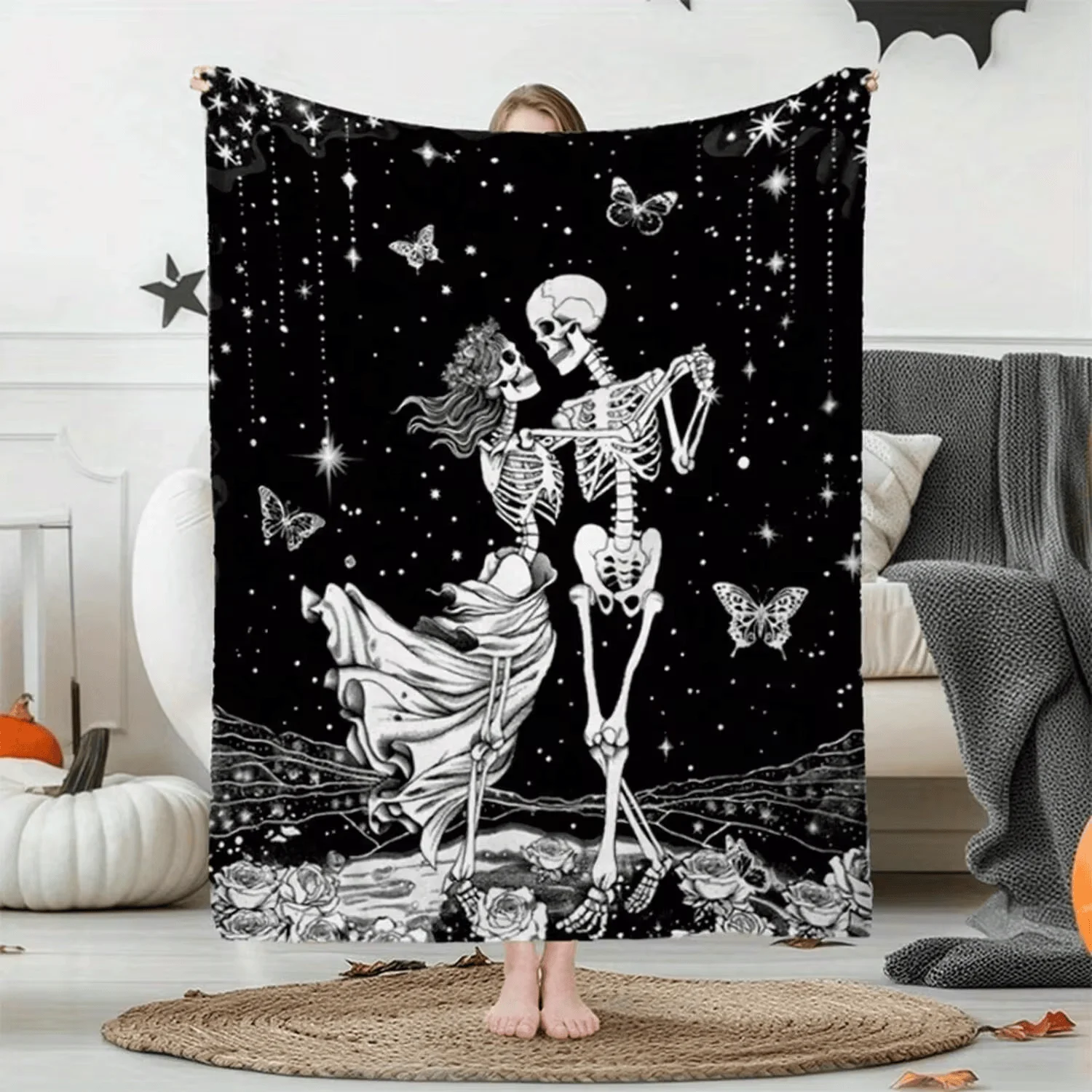 Halloween Flannel Throw Blanket Spooky Pumpkin Ghost Print Warm Cozy for Bed Sofa Home Decor Holiday Gift