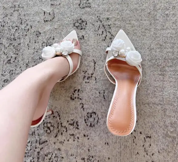 

New White Satin Flower Pearl Crystal Diamond Pointed Open Toe Stiletto Heel Modern Slippers Women High Heel Slide Sandals Shoes