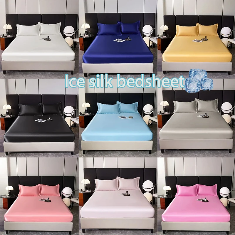 

Ice Silk Fitted Sheet for Summer Breathable Soft Bedspread Solid Color Anti-slip Adjustable Mattress Cover for Bedroom Bedding