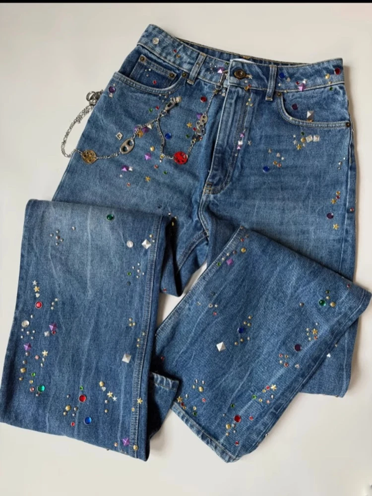 Women's 2025 Fashion Colored Beads Hot Diamond Chain Decorative Denim Trousers Trendy Straight Jeans Feminine Nice Denim Pants