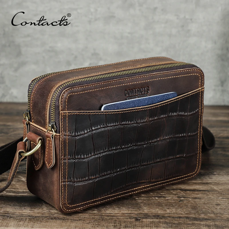 CONTACT'S Men Crossbody Bag Small Crocodile Skin Design Genuine Leather Handbag Travel Shoulder Bag for iPad High Quality Bags