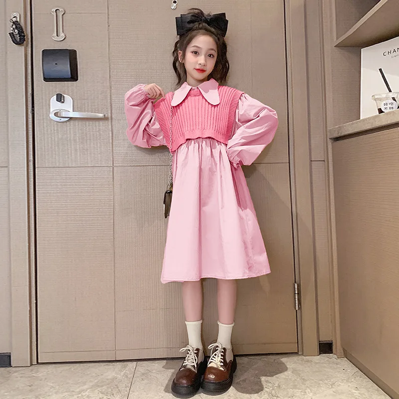 Spring Autumn Children Girl 2-Piece Sets Teenager Girl Knitted Shawl Vest+Long Sleeve One-piece Dress Sets For Girls 2-Pieces