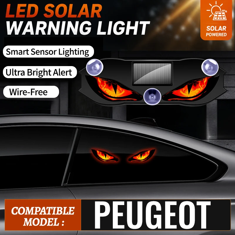 Fits For Peugeot Car LED Solar Devil Eye Warning Flash Light Triangle Dynamic Wireless Window Strobe Decorative Light
