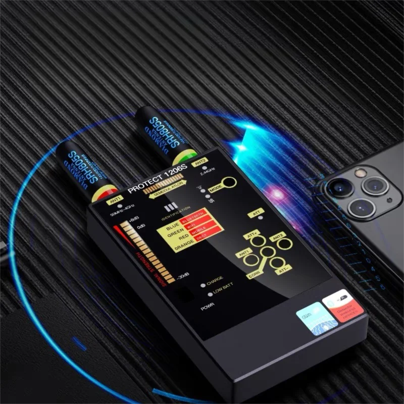 1206S เกรดทหารชุดป้องกันสายลับตรวจจับสัญญาณ 5G/บลูทูธ,มืออาชีพค้นหาการนอนหลับกล้อง,การเปิดใช้งานเสียง CORR,ตัวเครื่องโลหะ