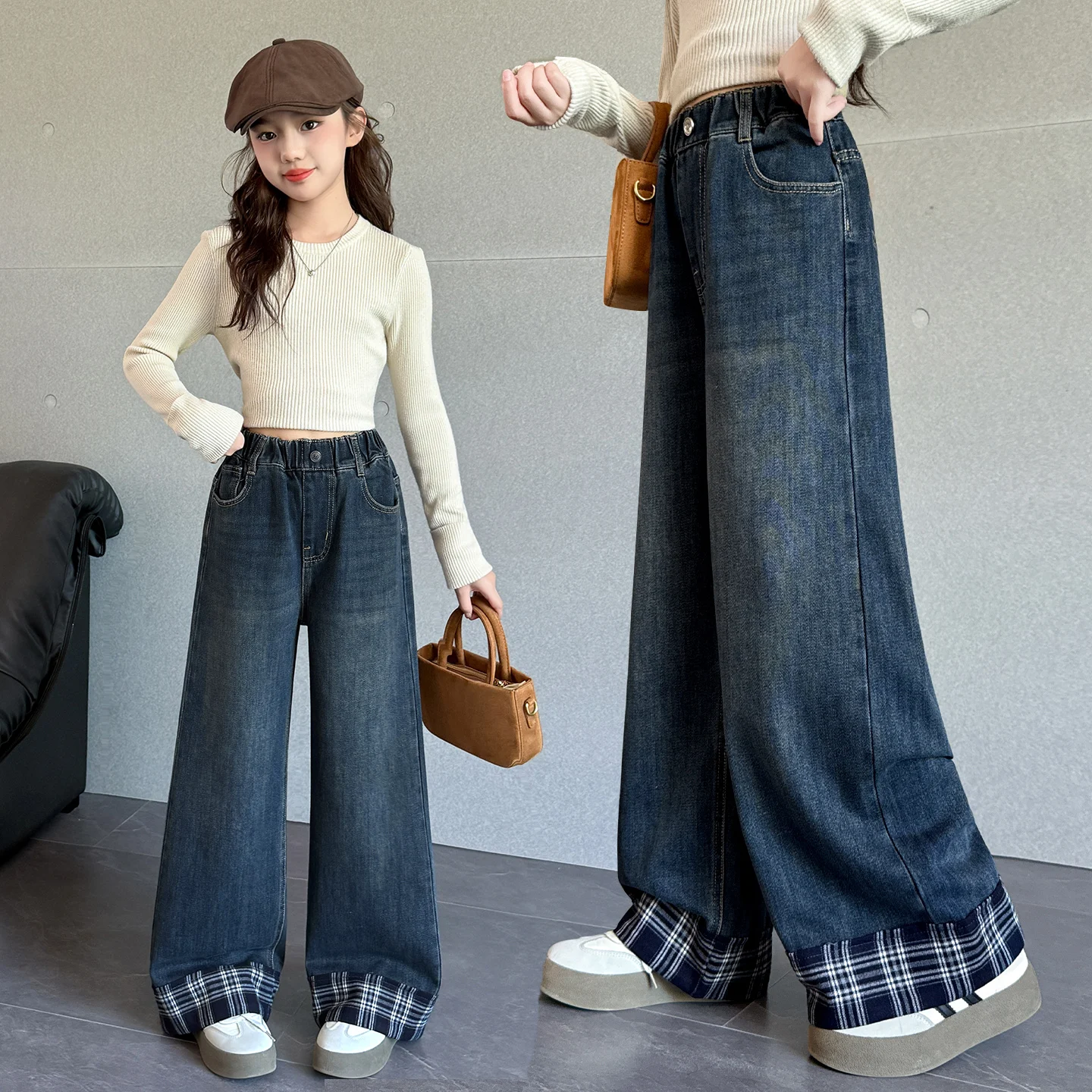 

Kids Jeans 4-14Y Teen Wide Leg Denim Teenage Vintage Trousers Toddler Girl Fashion Denim Bottom Kids Leg Plaid Patchwork Jeans
