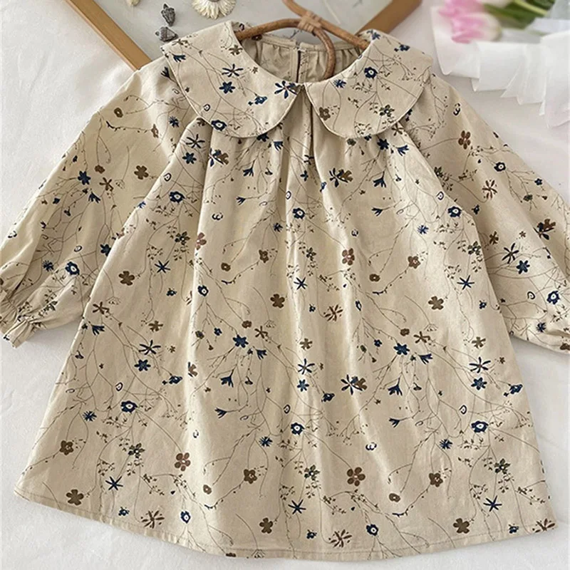 2-10T Spring Autumn Girls Fragmented Flower Dress Children Long Sleeved Doll Neck Dress Baby Kids Pure Cotton Princess Dresses