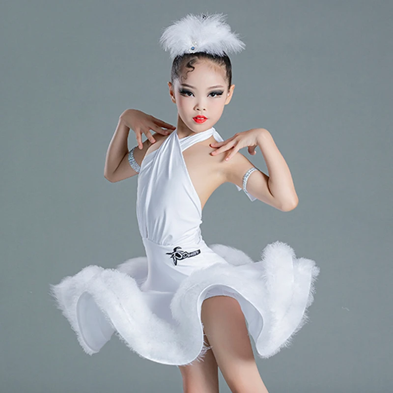 New Kids Latin Dance Costume Girls Performance Clothes Red White Feather Dress Cha Cha Ballroom Dance Competition Dress BL7088