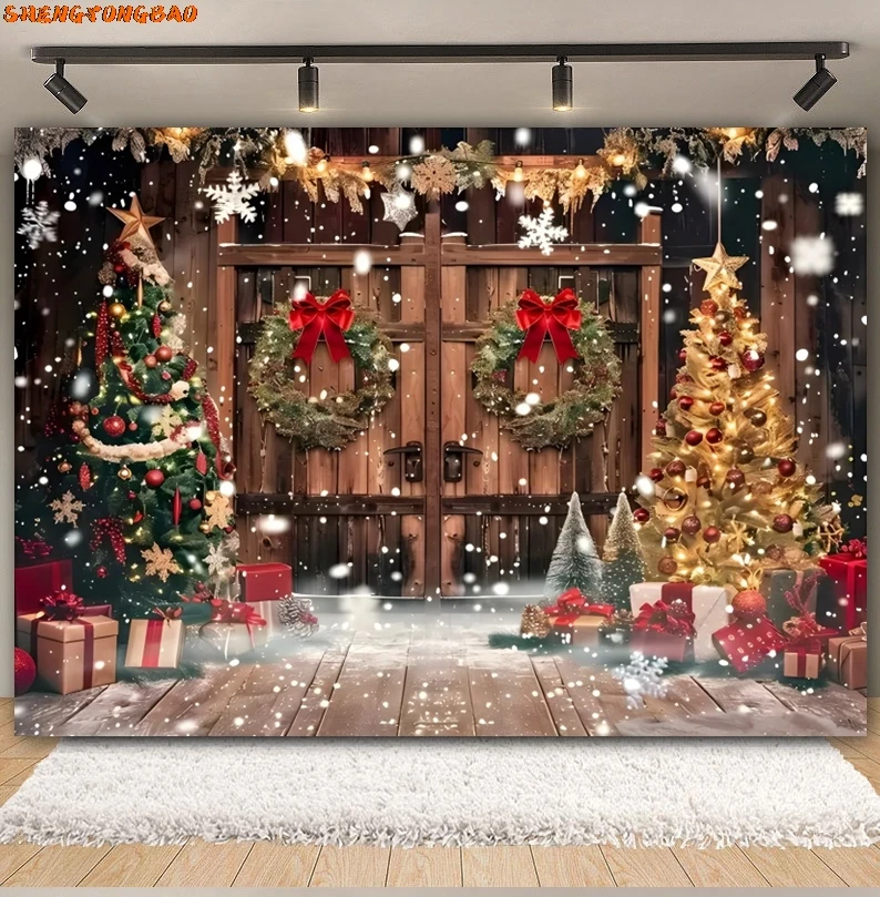 ฤดูหนาวคริสต์มาสฉากหลังXmas Treeหน้าต่างไม้ประตูของขวัญเกล็ดหิมะเด็กPortraitครอบครัวการถ่ายภาพพื้นหลังตกแต่ง