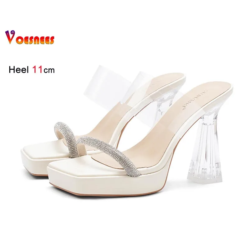 

Fashion High Heels Women's Slippers Rhinestone One Word Strap Coarse Heel Thick Soled Sandals Summer Casual Party Lady Slippers