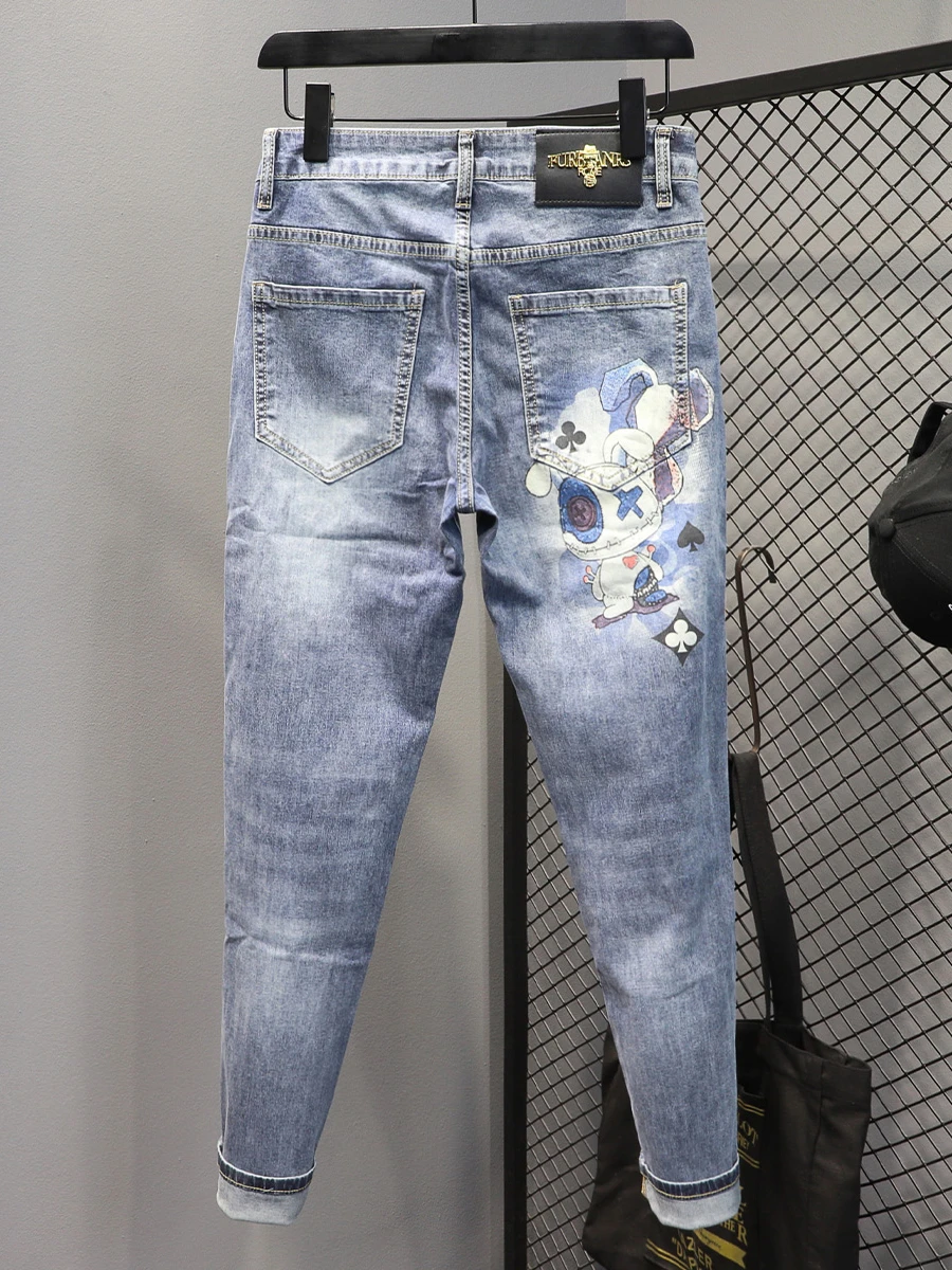 Spring 2023 Summer Fashion Jeans Trendy Bear Printed Washed Light Blue Stretch Slim Fit Tapered Pants Boyfriend Jeans for Women