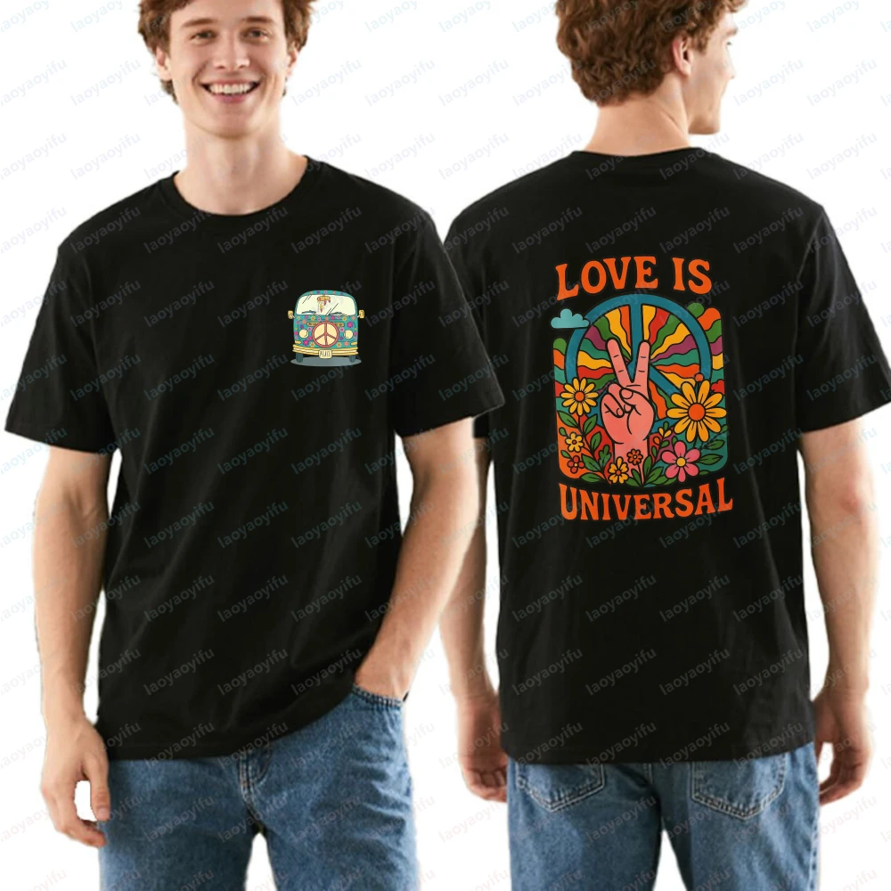 Timeless Love Is Universal Peace Sign Unisex Graphic Tops Vibrant Retro Hippie Cotton T-Shirt for Women Casual Retro Trend Tee