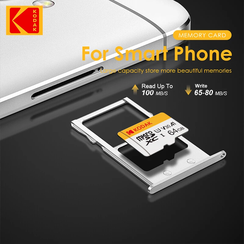 Kodak Micro SD การ์ด64GB 32GB คลาส10แฟลชการ์ดความจำ128GB 256GB Mini TF สูงถึง98เมกะไบต์/วินาทีสำหรับกล้องสมาร์ทโฟน