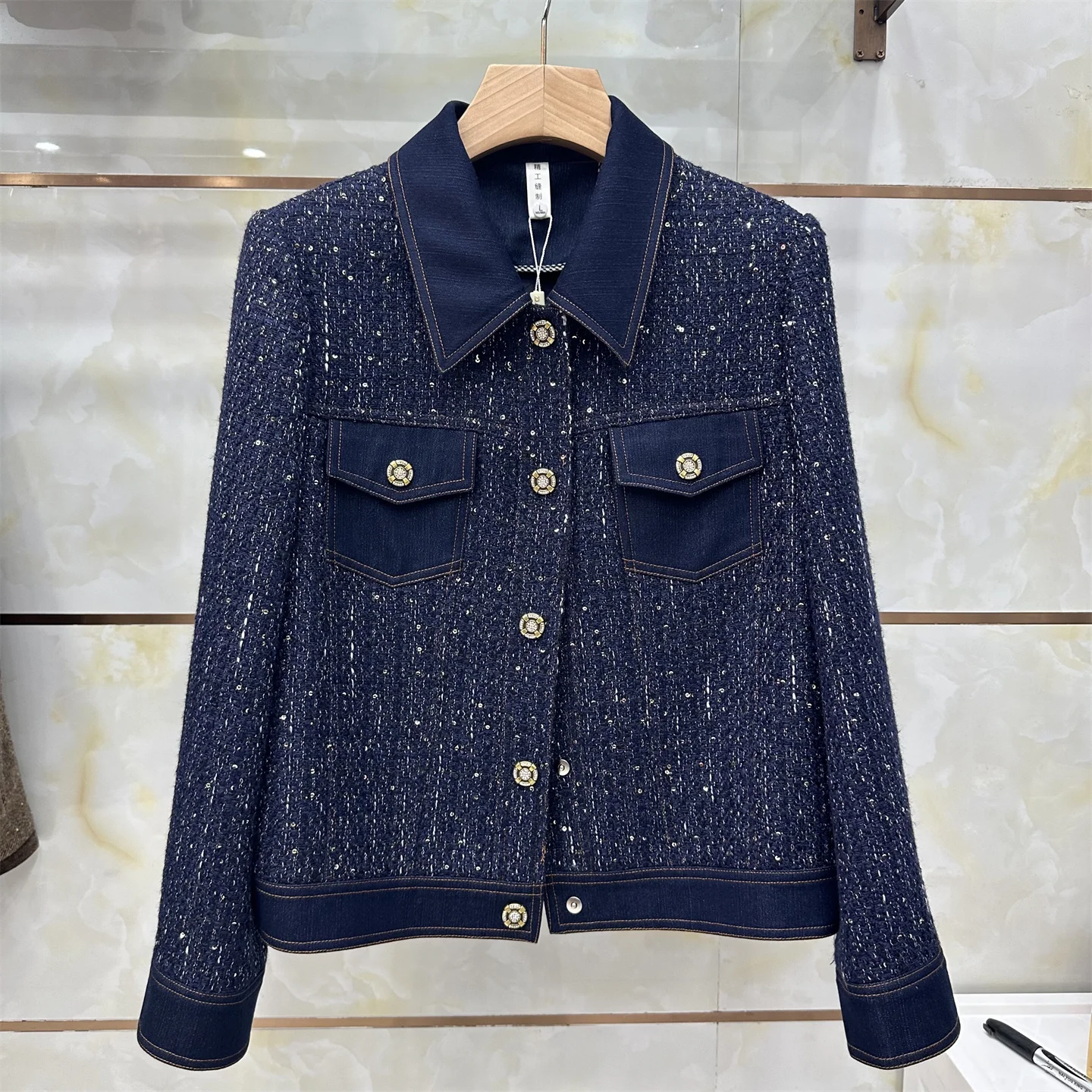 

Ele Long Sve Faion Верхняя одежда королевского синего цвета Perfume Sle Light Luxury Весна Осень Новое женское пальто на пуговицах Cl...