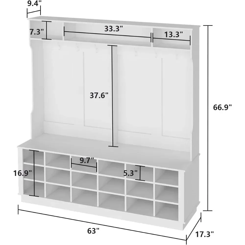 شجرة قاعة مدخل كبيرة 3 في 1 مع مقعد أحذية ورف معطف مع 18 مكعب تخزين للأحذية و6 خطافات معلقة