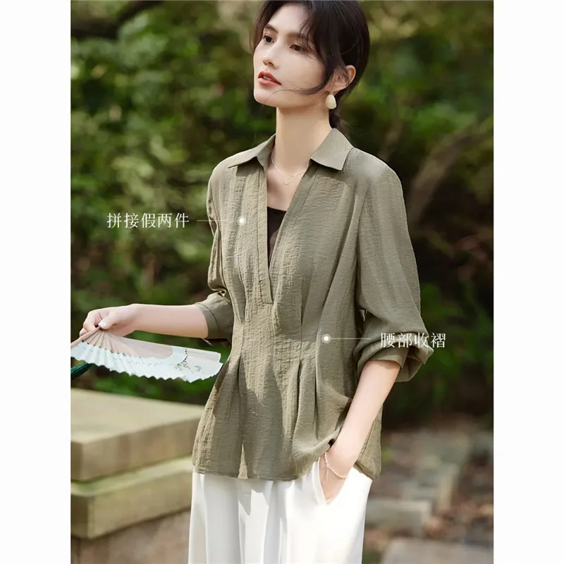 

Contrast Stitching Women's Fake Two-piece Long-sleeved Shirts 2025 Spring Summer New Female V-neck Belly Cover Elegant Waist Top