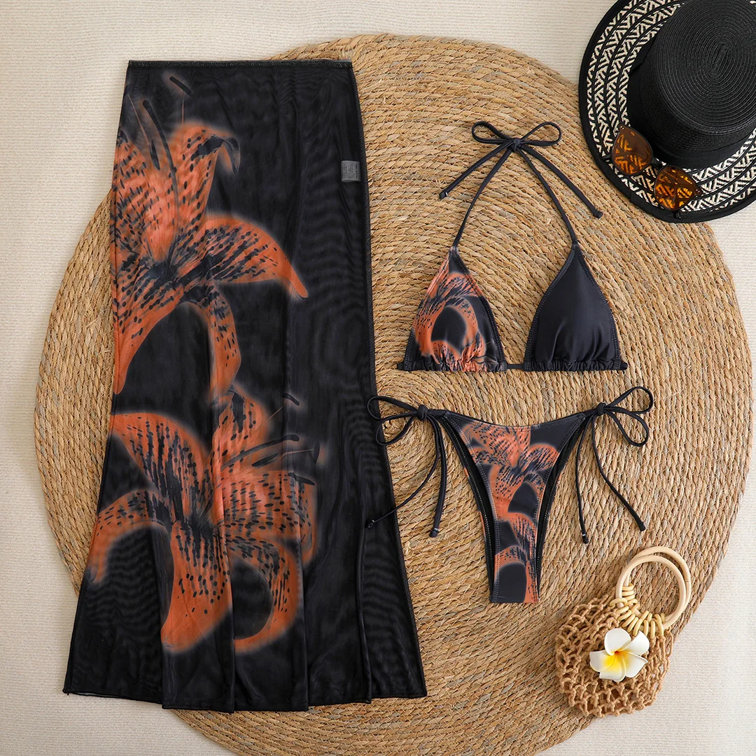 Blumenmuster mit Rock, Neckholder-Bikini, Damen-Badebekleidung, dreiteiliges Bikini-Set, Damen-Badeanzug, Badebekleidung, Badeanzug, Schwimmkleidung V6637 – Detail 33